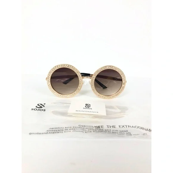 NWT Sojos Round Crystal Gem Gold Sunglasses - Picture 3 of 6